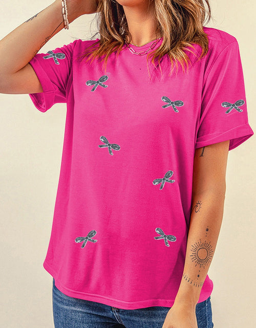 Load image into Gallery viewer, Sequin Bow Round Neck Short Sleeve T-Shirt
