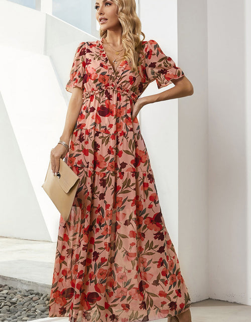 Load image into Gallery viewer, Floral V-Neck Short Flounce Sleeve Dress

