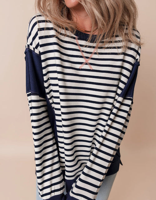 Load image into Gallery viewer, Exposed Seam Striped Long Sleeve Sweatshirt
