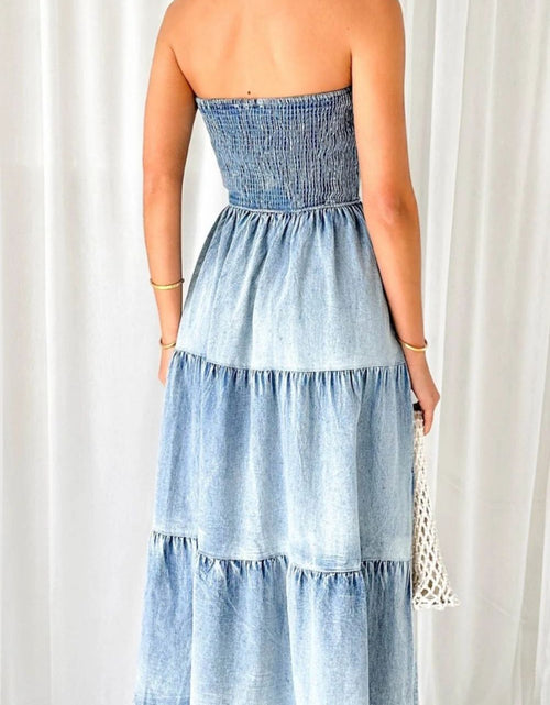 Load image into Gallery viewer, Smocked Tube Slit Tiered Denim Dress
