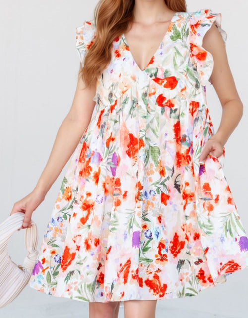 Load image into Gallery viewer, Floral Double Ruffle Sleeve V Neck Mini Dress
