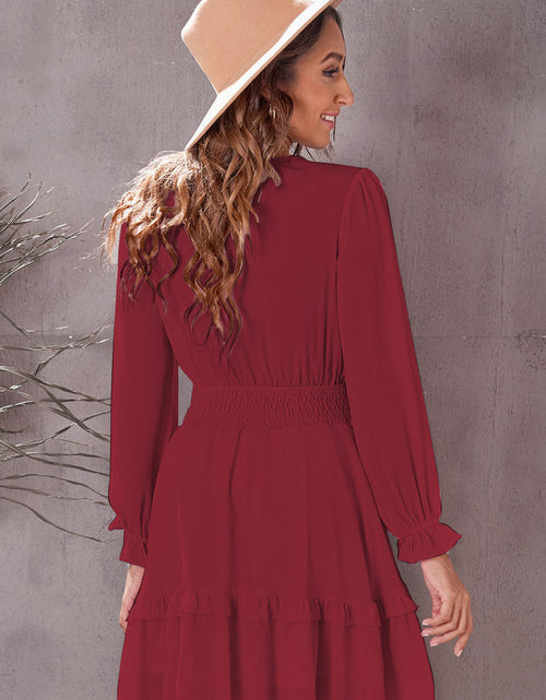 Load image into Gallery viewer, Tied Plunge Smocked Waist Flounce Sleeve Dress
