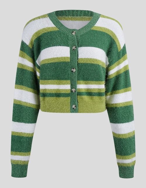 Load image into Gallery viewer, Striped Button Up Dropped Shoulder Cardigan
