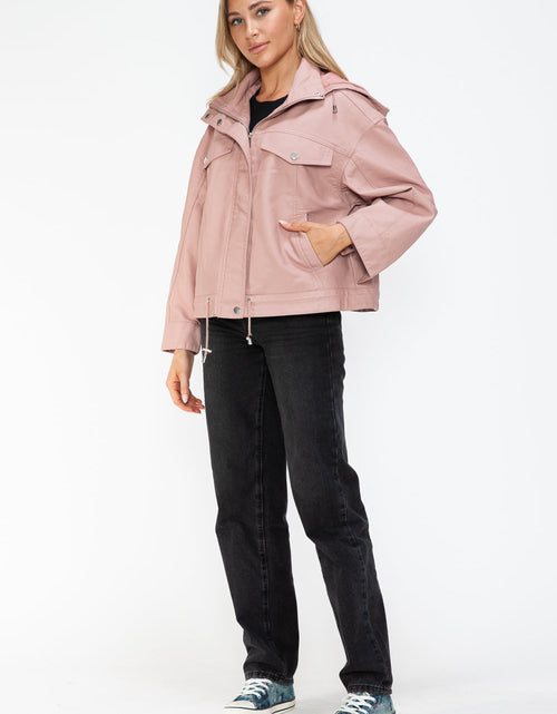 Load image into Gallery viewer, How Dare U Drawstring Hem PU Leather Zip Up Jacket
