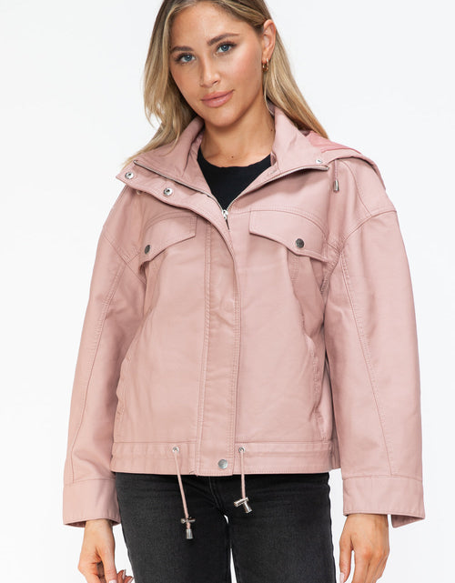 Load image into Gallery viewer, How Dare U Drawstring Hem PU Leather Zip Up Jacket
