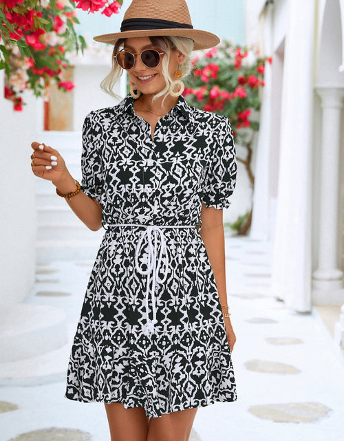 Load image into Gallery viewer, Printed Tie Waist Collared Flounce Sleeve Dress
