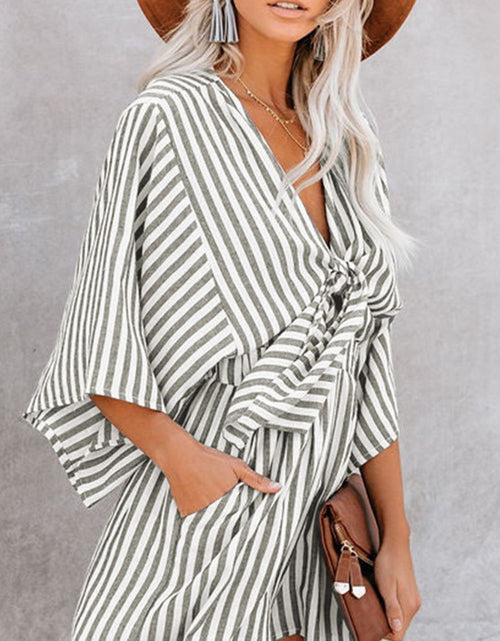 Load image into Gallery viewer, Bow Striped Kimono Sleeve Romper
