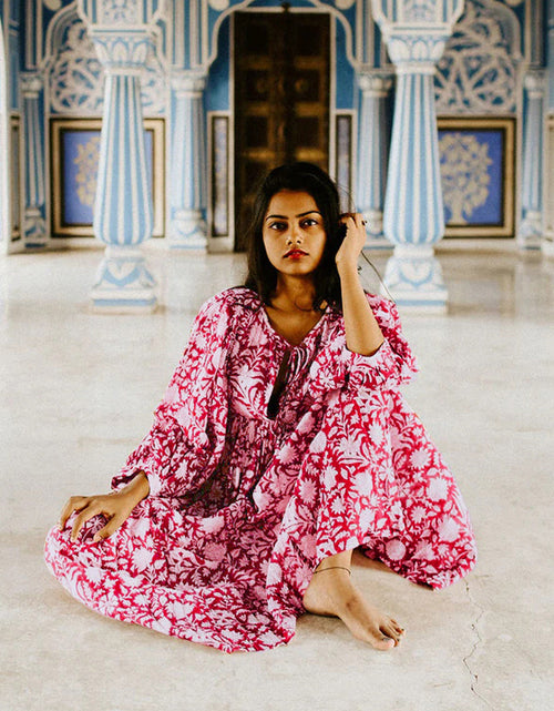 Load image into Gallery viewer, Floral Tie Neck Lantern Sleeve Dress
