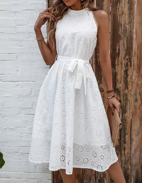 Load image into Gallery viewer, Eyelet Grecian Neck Tie Waist Midi Dress
