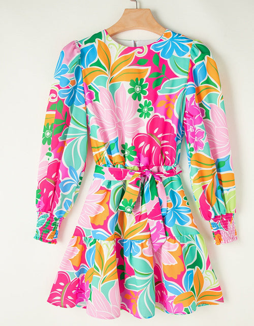 Load image into Gallery viewer, Printed Tie Waist Lantern Sleeve Mini Dress
