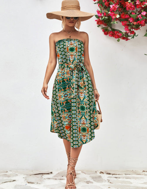 Load image into Gallery viewer, Printed Strapless Tie Belt Dress
