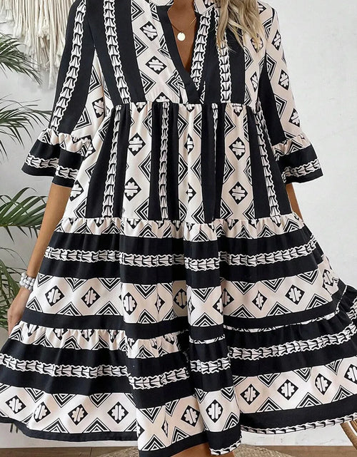 Load image into Gallery viewer, Tiered Printed Notched Half Sleeve Dress
