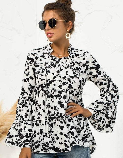 Load image into Gallery viewer, Printed Flare Sleeve Tie Neck Ruffle Trim Blouse
