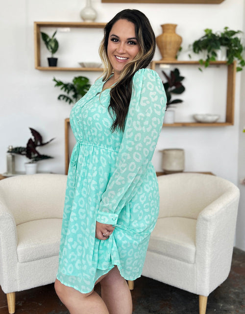 Load image into Gallery viewer, Double Take Full Size Printed Ruched V-Neck Long Sleeve Dress
