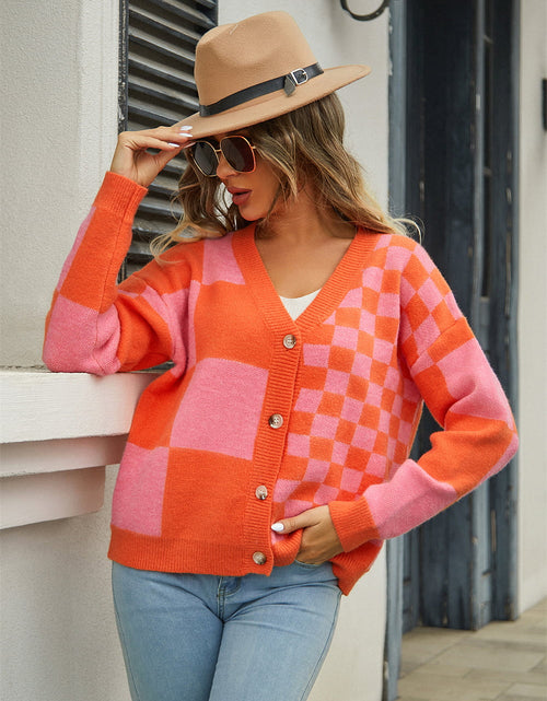 Load image into Gallery viewer, Angel Wings Plaid V-Neck Dropped Shoulder Cardigan
