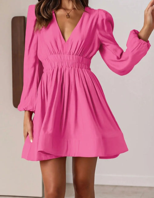 Load image into Gallery viewer, Ruched V-Neck Balloon Sleeve Mini Dress
