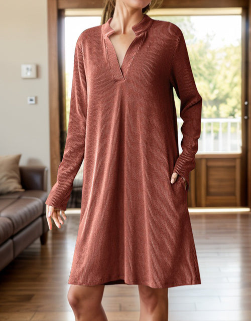 Load image into Gallery viewer, Notched Long Sleeve Mini Dress with Pockets
