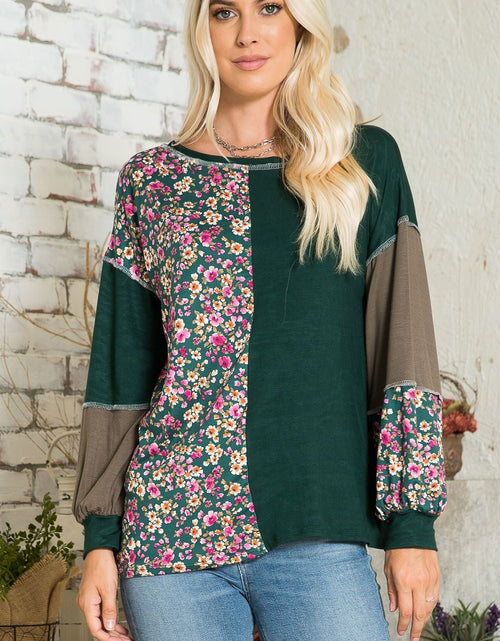 Load image into Gallery viewer, Celeste Full Size Floral Color Block Exposed Seam T-Shirt
