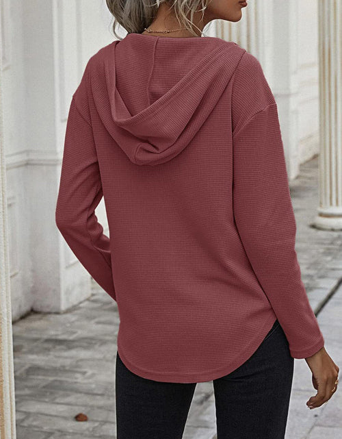 Load image into Gallery viewer, Drawstring Waffle Knit Long Sleeve Hooded Top
