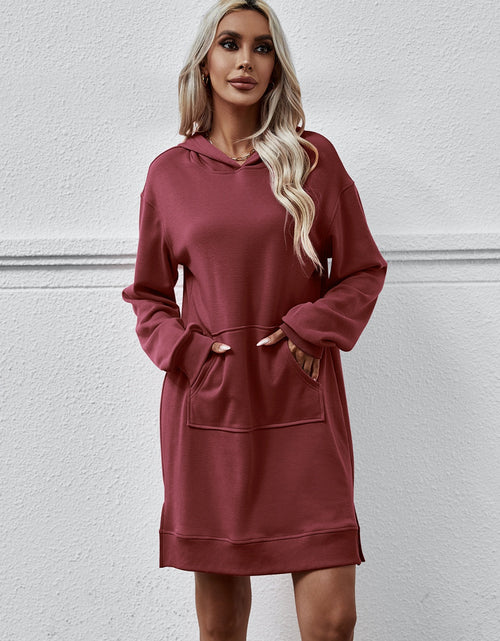 Load image into Gallery viewer, Slit Long Sleeve Hooded Dress with Pocket
