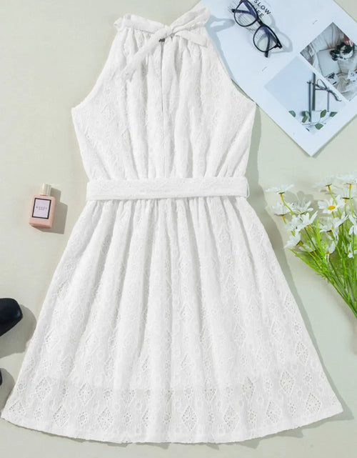 Load image into Gallery viewer, Lace Sleeveless Tied Waist Mini Dress
