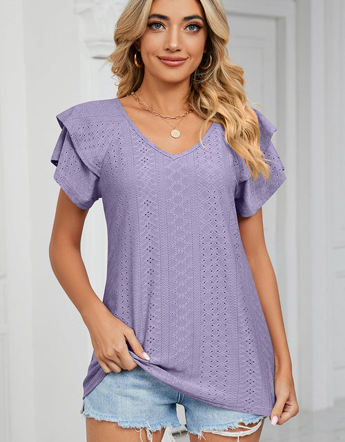 Load image into Gallery viewer, Eyelet V-Neck Short Sleeve T-Shirt
