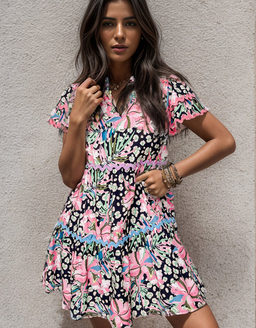 Load image into Gallery viewer, Printed Ruffle Hem Short Sleeve Mini Dress
