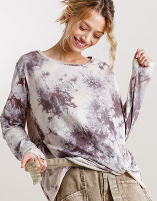 Load image into Gallery viewer, Umgee Full Size Tie Dye Front Gathered Detail Round Neck Long Sleeve T-Shirt Plus Size
