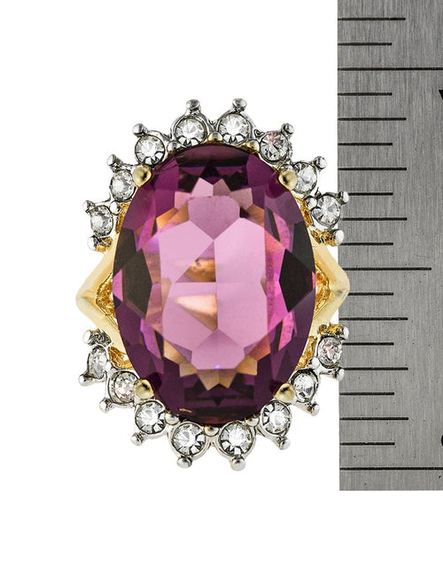 Load image into Gallery viewer, Vintage 1970's Ring Ruby and Clear Austrian Crystals 18k Yellow Gold Plated Band Made in USA by PVD Vintage Jewelry
