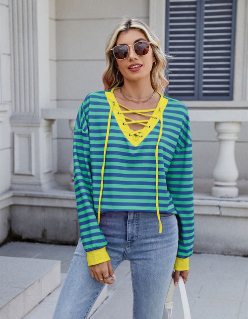 Load image into Gallery viewer, Lace-Up Striped Long Sleeve T-Shirt
