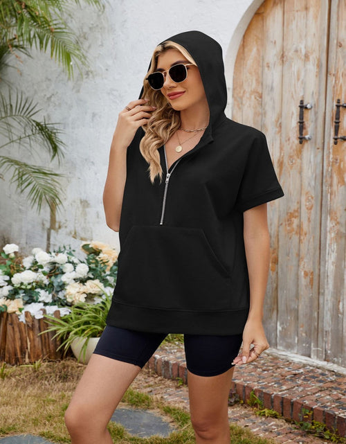 Load image into Gallery viewer, Half Zip Short Sleeve Hooded Top
