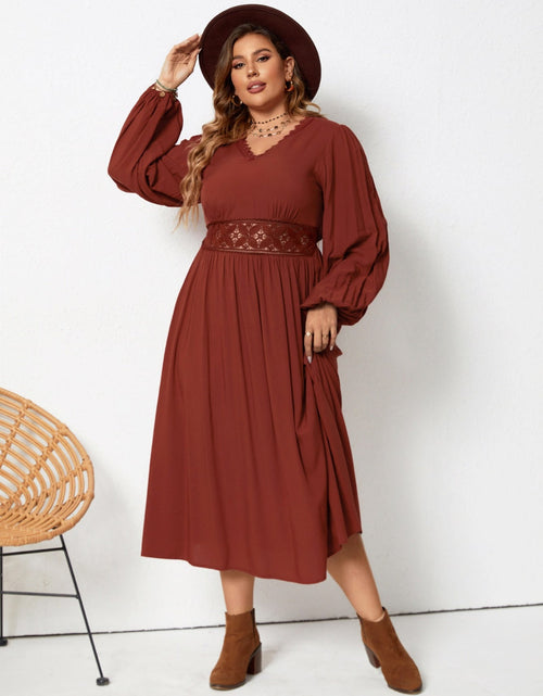 Load image into Gallery viewer, Plus Size Lace Detail V-Neck Balloon Sleeve Dress
