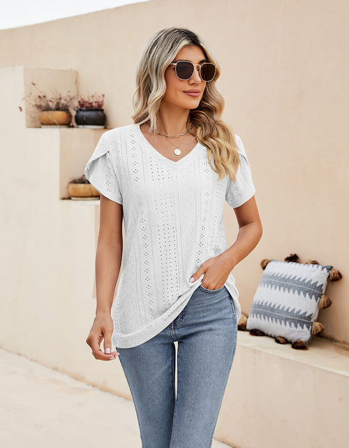 Load image into Gallery viewer, Eyelet Petal Sleeve V-Neck Knit Top
