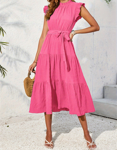 Load image into Gallery viewer, Frill Mock Neck Ruffled Cap Sleeve Midi Dress
