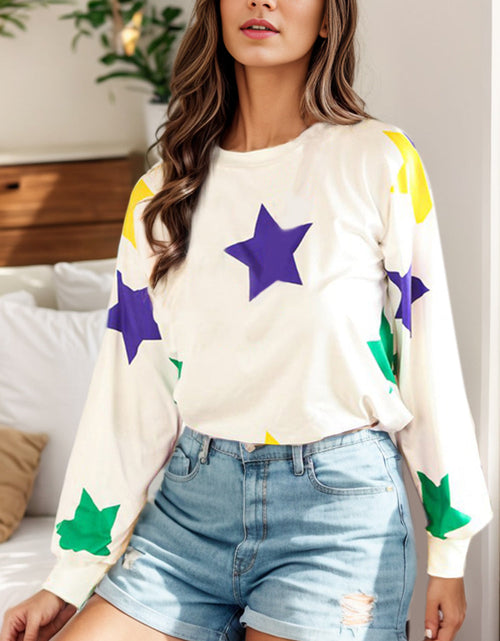 Load image into Gallery viewer, Star Print Round Neck Lantern Sleeve T-Shirt

