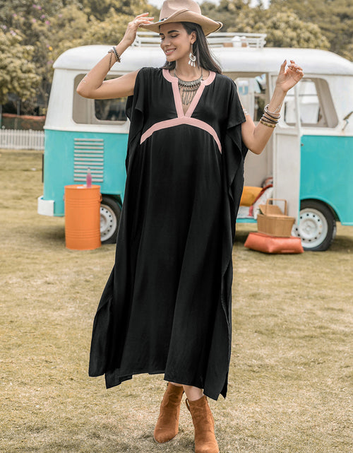 Load image into Gallery viewer, Contrast Trim Notched Slit Short Sleeve Midi Dress
