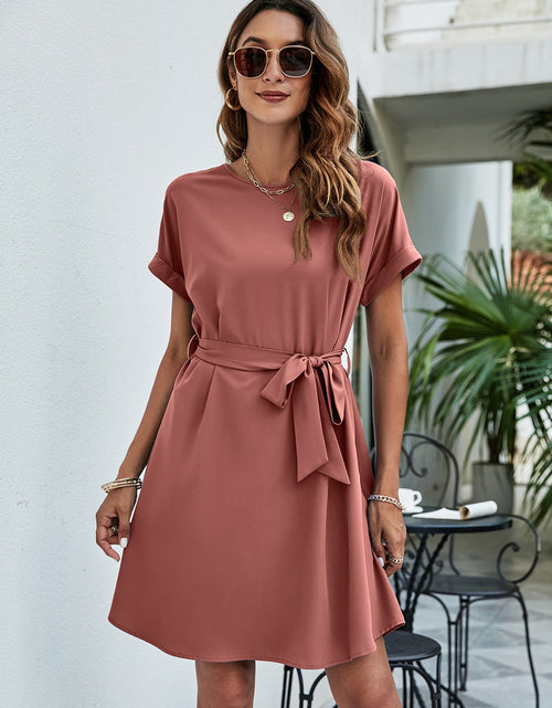 Load image into Gallery viewer, Belted Round Neck Curved Hem Dress
