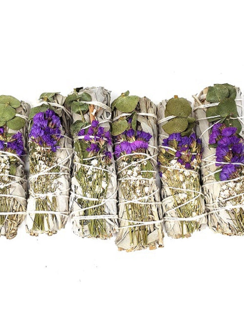 Load image into Gallery viewer, Home fragrance Floral Sage -White Sage, Eucalyptus, Purple Sinuata &amp; Lavender 4"- 1 piece by OMSutra
