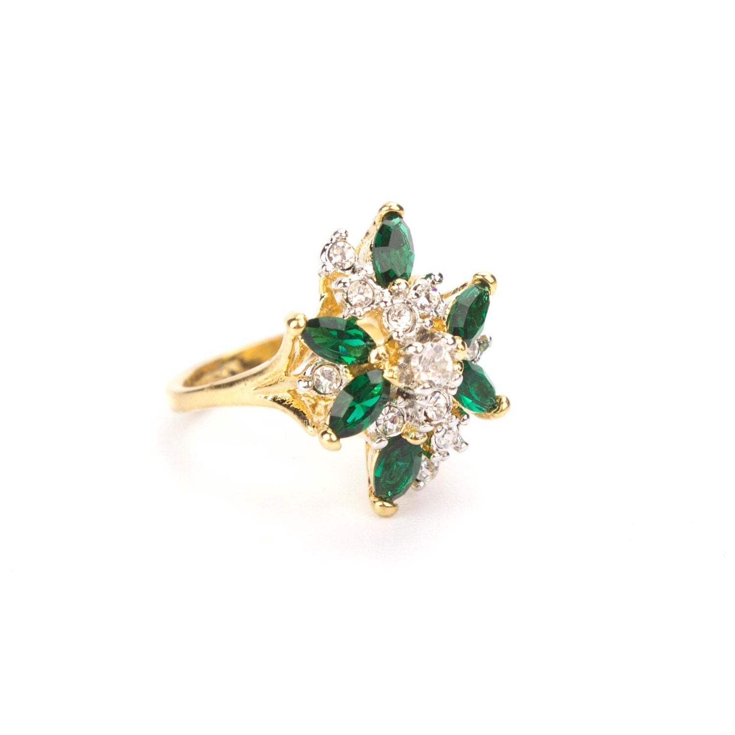 Vintage Ring Aquamarine and Clear Swarovski Crystals 18k White Gold Unique Cluster Antique Womans #R1863-AQW Size: 4 by PVD Vintage Jewelry