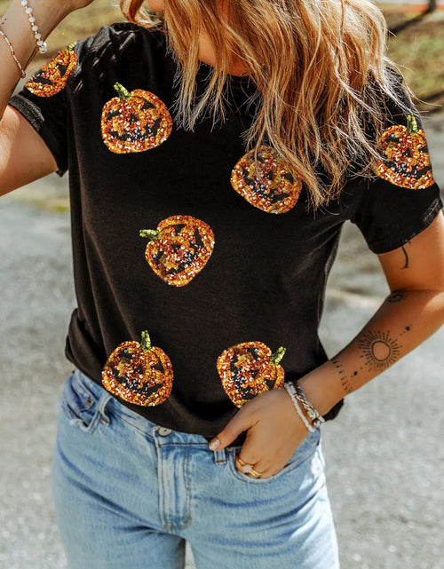 Load image into Gallery viewer, Sequin Pumpkin Round Neck Short Sleeve T-Shirt
