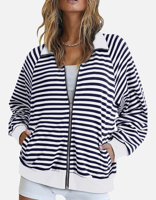 Load image into Gallery viewer, Striped Zip Up Long Sleeve Sweatshirt
