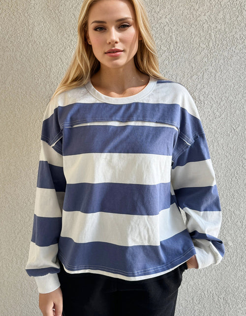 Load image into Gallery viewer, Oh Pima Cotton Wash Exposed Seam Contrast Striped Round Neck Long Sleeve T-Shirt
