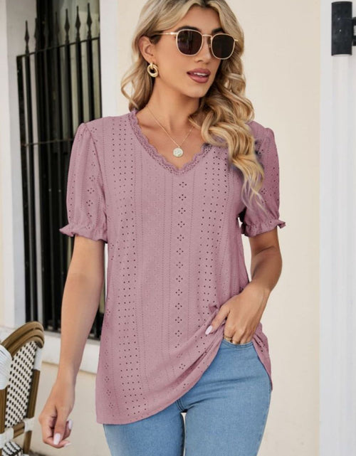 Load image into Gallery viewer, Eyelet Flounce Sleeve Scalloped V-Neck Top

