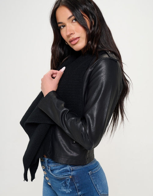 Load image into Gallery viewer, Coalition LA Knit Collared Faux Leather Crop Jacket
