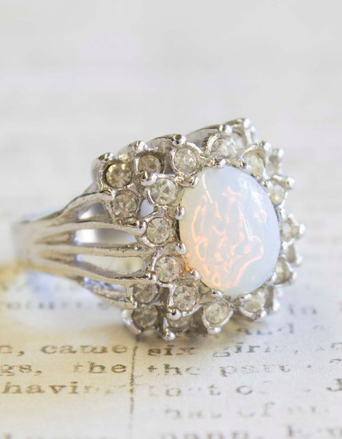 Load image into Gallery viewer, Vintage Emerald Green Crystal Cabochon Stone &amp; Clear Crystal Ring in 18kt Yellow Gold Electroplate by PVD Vintage Jewelry
