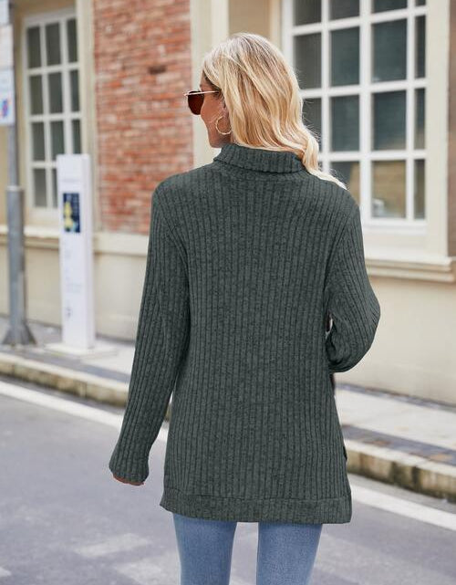 Load image into Gallery viewer, Ribbed Turtleneck Long Sleeve Slit Knit Top
