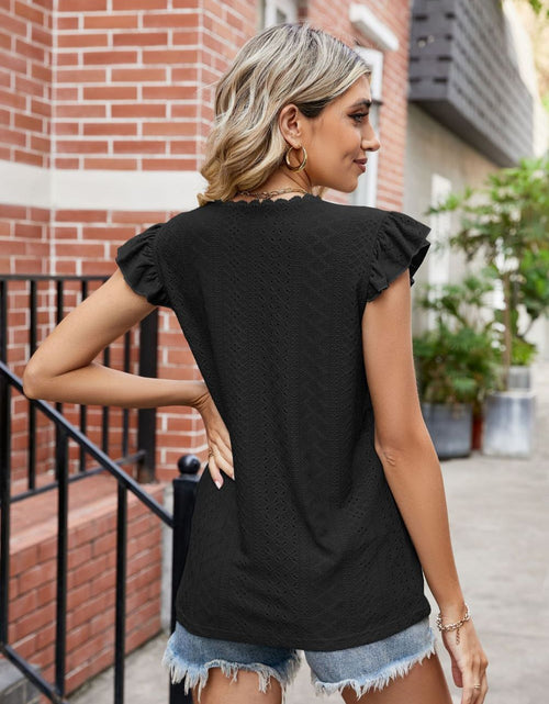 Load image into Gallery viewer, Eyelet Flutter Sleeve Scalloped V-Neck Top
