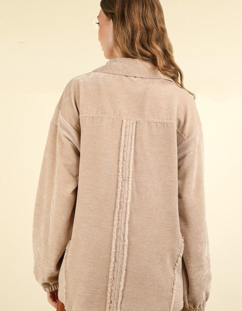 Load image into Gallery viewer, VERY J Mixed Media Button Down Raw Hem Shacket
