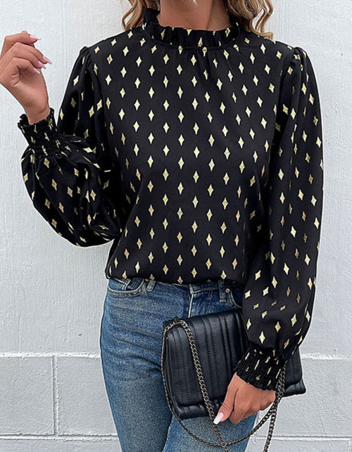 Load image into Gallery viewer, Perfee Geometric Print Frill Neck Lantern Sleeve Blouse
