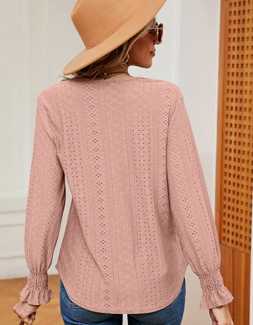 Load image into Gallery viewer, Eyelet V-Neck Flounce Sleeve T-Shirt

